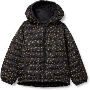 Girls Black Stars Lightweight Water Resistant Hooded Puffer Jacket Winter Coat